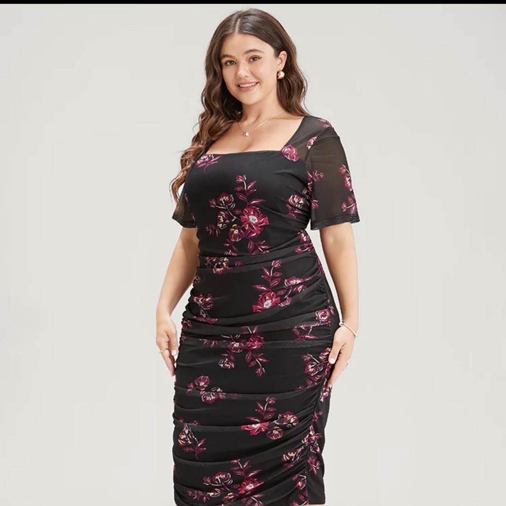 Black and Red Floral Dress with side ruching